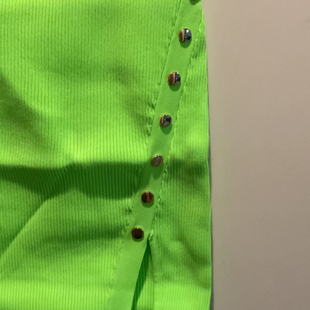 Hera Collection Neon Lime Bodycon Mini Dress with Gold Buttons - Picture 3 of 4
